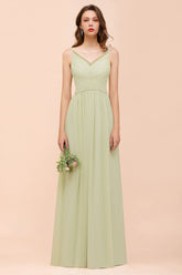 Popular V-Neck Sage Chiffon Affordable Bridesmaid Dress with Low Back-27dress